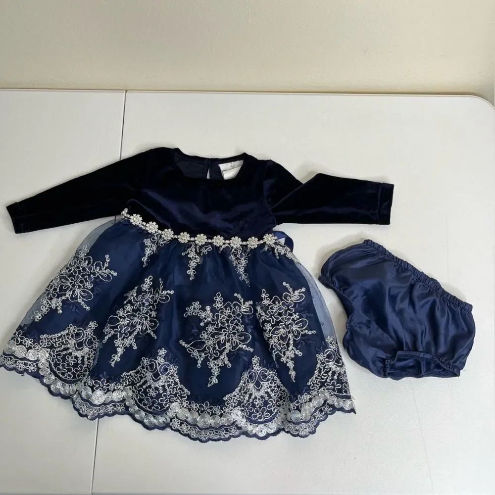 Rare Editions Navy Blue Velvet Lace Rhinestone Dress Bottom Set Girls 6-9 Months